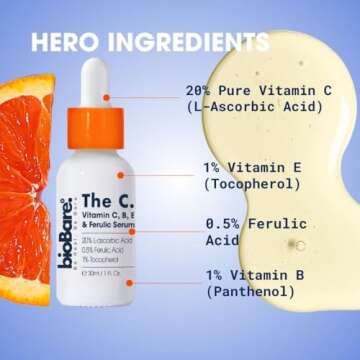 Vitamin C B E, and Ferulic Serum For Face By BioBare | 20% Pure Vitamin C W/Hyaluronic Acid | Helps Keep Skin Young, Moist, Bright & Glowing | Helps With Fine Lines, Wrinkles, Dark Spots | 1Fl Oz