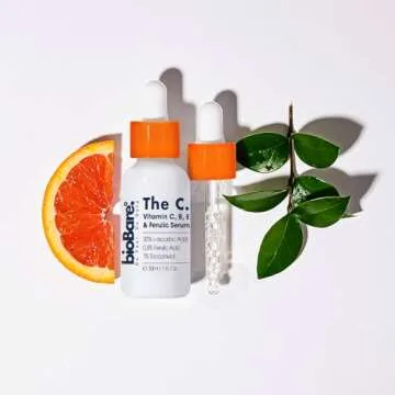 Vitamin C B E, and Ferulic Serum For Face By BioBare | 20% Pure Vitamin C W/Hyaluronic Acid | Helps Keep Skin Young, Moist, Bright & Glowing | Helps With Fine Lines, Wrinkles, Dark Spots | 1Fl Oz