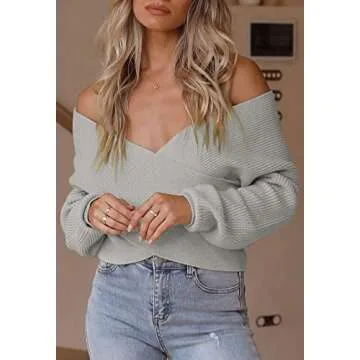 ZCSIA Women's Wrap V Neck Cropped Sweaters 2024 Fall Long Sleeve Cross Front Off Shoulder Solid Knitted Pullover Tops,Grey,Large