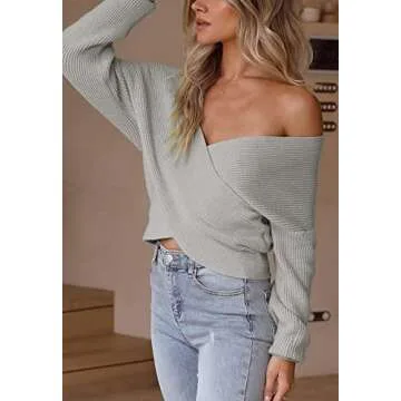 ZCSIA Women's Wrap V Neck Cropped Sweaters 2024 Fall Long Sleeve Cross Front Off Shoulder Solid Knitted Pullover Tops,Grey,Large