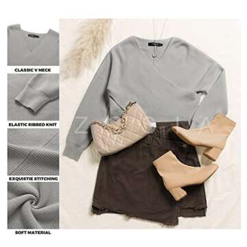 ZCSIA Women's Wrap V Neck Cropped Sweaters 2024 Fall Long Sleeve Cross Front Off Shoulder Solid Knitted Pullover Tops,Grey,Large