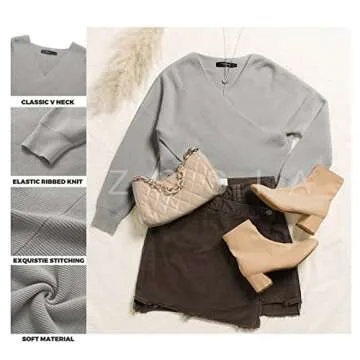 ZCSIA Women's Wrap V Neck Cropped Sweaters 2024 Fall Long Sleeve Cross Front Off Shoulder Solid Knitted Pullover Tops,Grey,Large