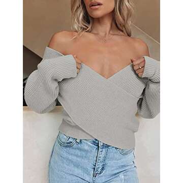 ZCSIA Women's Wrap V Neck Cropped Sweaters 2024 Fall Long Sleeve Cross Front Off Shoulder Solid Knitted Pullover Tops,Grey,Large