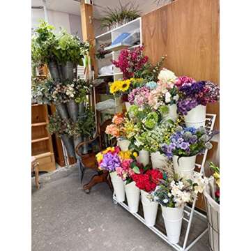 SPTZQURY Flower Display Stand with Buckets, 3 Layers Metal Plant Stand, Moving Florist Bouquet Shelf for Fresh Flower Shop, for Patio Garden, Outdoor Flower Pop-Up Events (White Frame - White Bucket)