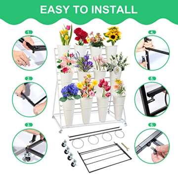 SPTZQURY Flower Display Stand with Buckets, 3 Layers Metal Plant Stand, Moving Florist Bouquet Shelf for Fresh Flower Shop, for Patio Garden, Outdoor Flower Pop-Up Events (White Frame - White Bucket)