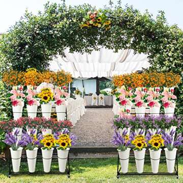 SPTZQURY Flower Display Stand with Buckets, 3 Layers Metal Plant Stand, Moving Florist Bouquet Shelf for Fresh Flower Shop, for Patio Garden, Outdoor Flower Pop-Up Events (White Frame - White Bucket)