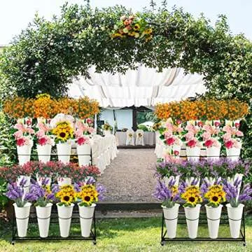 SPTZQURY Flower Display Stand with Buckets, 3 Layers Metal Plant Stand, Moving Florist Bouquet Shelf for Fresh Flower Shop, for Patio Garden, Outdoor Flower Pop-Up Events (White Frame - White Bucket)