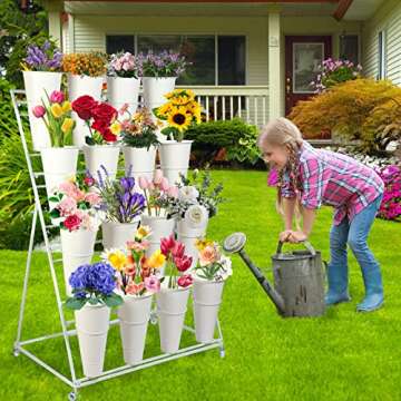 SPTZQURY Flower Display Stand with Buckets, 3 Layers Metal Plant Stand, Moving Florist Bouquet Shelf for Fresh Flower Shop, for Patio Garden, Outdoor Flower Pop-Up Events (White Frame - White Bucket)