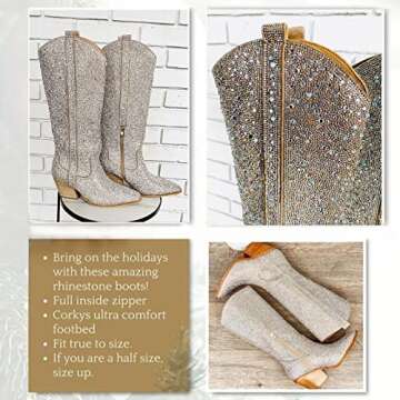 MUCCCUTE Women's Rhinestone Western Knee-High Boots Cowgirl Point-Toe Block Heel Wedding Party Boots for Ladies Size 7