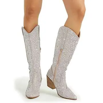 MUCCCUTE Women's Rhinestone Western Knee-High Boots Cowgirl Point-Toe Block Heel Wedding Party Boots for Ladies Size 7