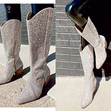 MUCCCUTE Women's Rhinestone Western Knee-High Boots Cowgirl Point-Toe Block Heel Wedding Party Boots for Ladies Size 7