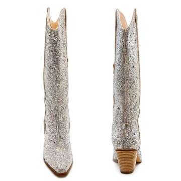 MUCCCUTE Women's Rhinestone Western Knee-High Boots Cowgirl Point-Toe Block Heel Wedding Party Boots for Ladies Size 7