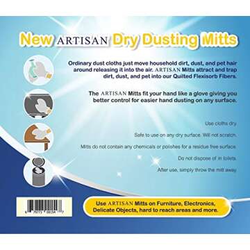 Artisan DUSTING MITT Replaces Microfiber Dusting Cloths, Dust Wipes, Feather Dusters. Grabs and Locks in Dust, Pet Hair, and Allergens for The Best Cleaning Possible Dual-Sided Disposable.20 Mitts.