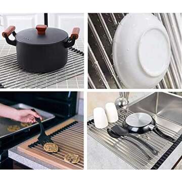 Roll up Dish Drying Rack RV Folding Over Sink 304 Stainless Steel in Kitchen Dish Drainer Heat Resistant Mat Multipurpose Portable Dish Trainer,Black,17x12inches