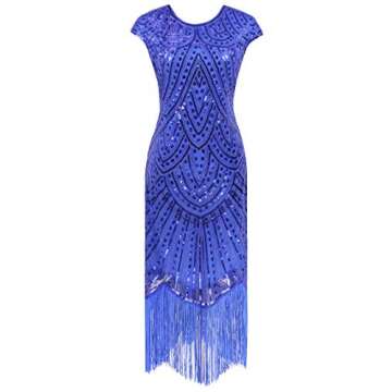 Women 1920s Vintage Flapper Fringe Beaded Gatsby Party Dress With 20s Accessories Set (L, Style 2-Blue)