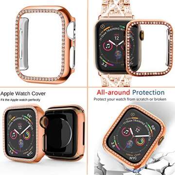 SUPOIX Compatible with Apple Watch Band 40mm + Case, Women Jewelry Bling Diamond Rhinestone Replacement Metal Strap &Soft TPU Protector Case for iWatch Series 6/5/4/se(Rose gold)