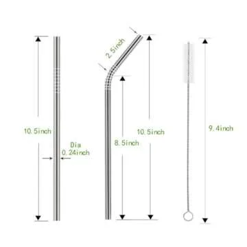 Set of 10 HuaQi Stainless Steel Straws with Cleaning Brushes for Eco-Friendly Sipping