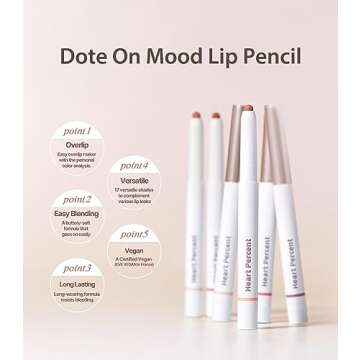 Heart Percent Dote On Mood Lip Pencil, Long-Lasting Creamy Lip Crayon Smooth Color Liner Retractable Lipstick Pencil 0.8g, #02. Creamy Pink
