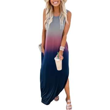 FANDEE Summer Dresses for Women Sleeveless Loose Womens Long Dresses Gradient Hawaiian Beach Summer Dress with Pockets Grey Red Blue Small