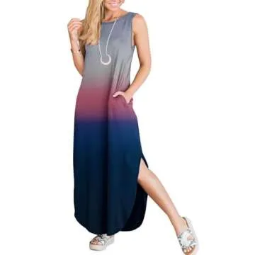 FANDEE Summer Dresses for Women Sleeveless Loose Womens Long Dresses Gradient Hawaiian Beach Summer Dress with Pockets Grey Red Blue Small