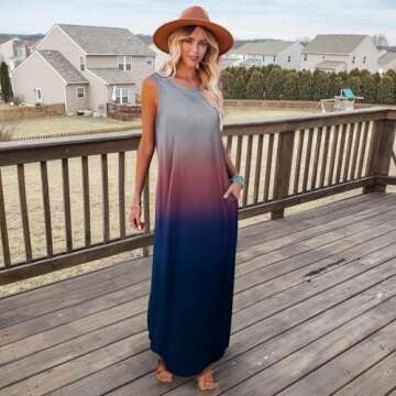 FANDEE Summer Dresses for Women Sleeveless Loose Womens Long Dresses Gradient Hawaiian Beach Summer Dress with Pockets Grey Red Blue Small