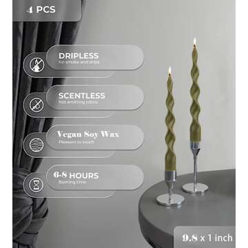 MAITREYA Olive Spiral Taper Candle Soy Wax Unscented Candles Sticks,Elegant Design for Home Decorati...