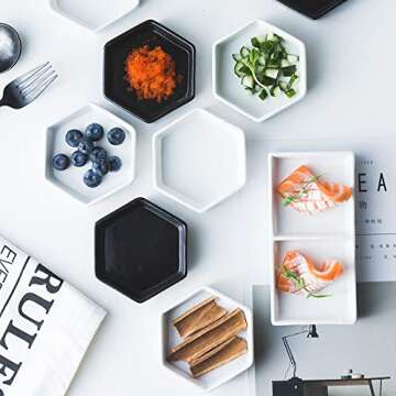 Sizikato 4pcs Geometric Hexagon Ceramic Soy Sauce Dipping Bowls Side Dishes for Snack Sushi Fruit Ap...