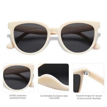 SOJOS Trendy Cat Eye Round Polarized Sunglasses for Women Fashion UV Protection Sunnies Sunglasses SJ2175, Beige Frame/Grey Lens