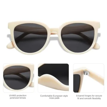 SOJOS Trendy Cat Eye Round Polarized Sunglasses for Women Fashion UV Protection Sunnies Sunglasses SJ2175, Beige Frame/Grey Lens