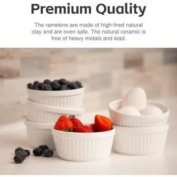 Nuwave Ceramic Ramekins 8 oz, Set of 6, Elegant Classic Style for Baking Souffles, Creme Brulées, Custards, Puddings, 4.3” Wide & 2” Tall, Microwave, Oven & Dishwasher-Safe, Ivory White (6)