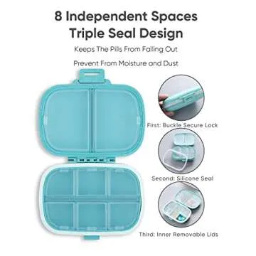Holii Travel Pill Organizer, 8 Compartments Portable Pill Case, Daily Pill Box to Hold Vitamins, Small Pill Container for Pocket Purse Medicine Organizer（Blue）