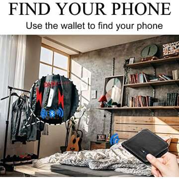 Clever Anti-Lost Wallet with Alarm, Bluetooth, Position Record (via Phone GPS) Item Finder, Cowhide Leather Locator Vintage Retro Style Trackable Intelligent Minimalist Purse (Black, Horizontal)
