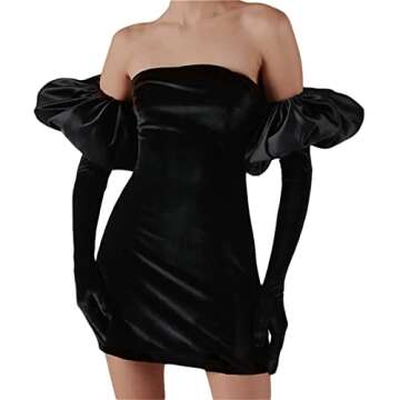 Swatiek Women Puff Sleeve Black Off Shoulder Dress Velvet Sexy Backless Bodycon Party Mini Dresses