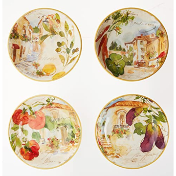 Certified International Piazzette 9.25" Soup/Pasta Bowls - Hand-Painted Set of 4