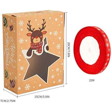 CCINEE Christmas Cookie Boxes,Kraft Treat Box with Window Ribbons for Bakery Candy Gift Giving Supplies,Pack of 12