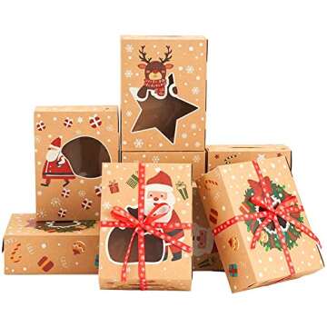 CCINEE Christmas Cookie Boxes,Kraft Treat Box with Window Ribbons for Bakery Candy Gift Giving Supplies,Pack of 12
