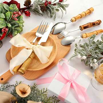 Eboot Bamboo Silverware Set 18/8 Stainless Steel Tableware Set Natural Utensil Flatware Kit Spoon Fork Knives Bamboo Handle Cutlery for Kitchen Wedding Home Restaurant Party(Silver,30 Pieces)