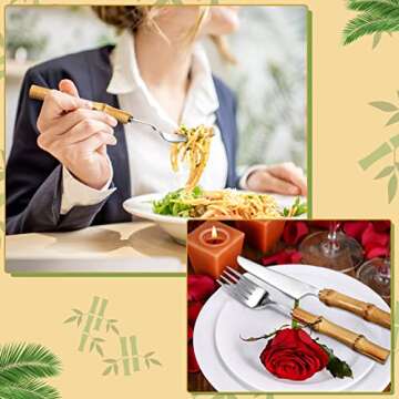 Eboot Bamboo Silverware Set 18/8 Stainless Steel Tableware Set Natural Utensil Flatware Kit Spoon Fork Knives Bamboo Handle Cutlery for Kitchen Wedding Home Restaurant Party(Silver,30 Pieces)