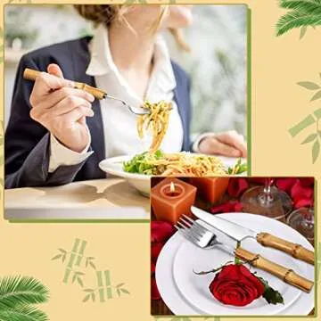 Eboot Bamboo Silverware Set 18/8 Stainless Steel Tableware Set Natural Utensil Flatware Kit Spoon Fork Knives Bamboo Handle Cutlery for Kitchen Wedding Home Restaurant Party(Silver,30 Pieces)