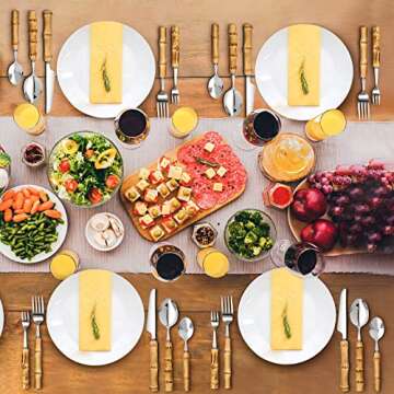 Eboot Bamboo Silverware Set 18/8 Stainless Steel Tableware Set Natural Utensil Flatware Kit Spoon Fork Knives Bamboo Handle Cutlery for Kitchen Wedding Home Restaurant Party(Silver,30 Pieces)