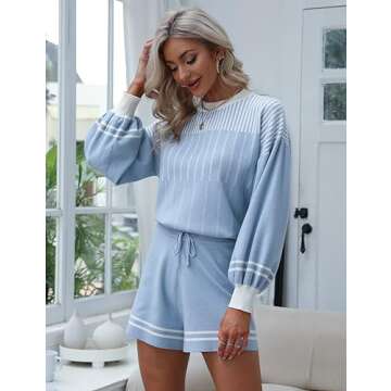 Gihuo Women' s Striped 2 Piece Outfits Crewneck Knit Pullover Sweater Shorts Set Wide Leg Matching S...