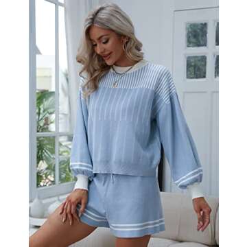 Gihuo Women' s Striped 2 Piece Outfits Crewneck Knit Pullover Sweater Shorts Set Wide Leg Matching Set Loungewear(Blue-L)