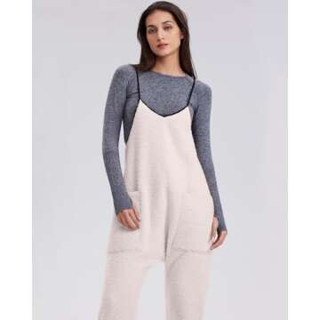 Gacaky Womens Fleece Overalls Loose Fit Adjustable Strap Fleece Jumpsuits Rompers Fall Winter Warm Fashion Work Outfits with Pocket Beige S