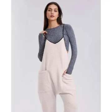 Gacaky Womens Fleece Overalls Loose Fit Adjustable Strap Fleece Jumpsuits Rompers Fall Winter Warm Fashion Work Outfits with Pocket Beige S