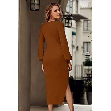 PRETTYGARDEN Women's Midi Sweater Dress Long Lantern Sleeve Ruched V Neck Drawstring Side Slit Knit Bodycon Dresses (Caramel,Small)