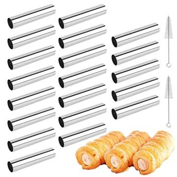 Non-stick Cream Cannoli Tubes, FantasyDay 20 Pcs Stainless Steel Baking Cones Pastry Roll Horn Croissant Mold Cannoli Shells with 3 Clean Brush - Pastry Baking Set for Christmas Cake Anniversary Party