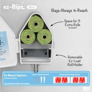 ez-Ripz - Indoor/Outdoor Dog Poop Bag Dispenser Wall Mount (White), Includes 3 Sample Rolls of Waste...