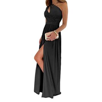 LYANER Women's One Shoulder High Split Cutout Sleeveless Elegant Party Maxi Dress Pure Black Medium