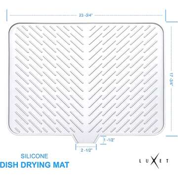 Luxet Silicone Dish Drying Mat with Built-in Drain Lip - Hygienic Drying Pad - Sturdy Compact Easy to Clean Tray Protects Surfaces Prevents Water Build Up - 23 X 17 (White)