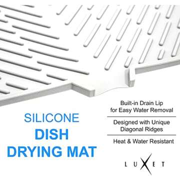 Luxet Silicone Dish Drying Mat with Built-in Drain Lip - Hygienic Drying Pad - Sturdy Compact Easy to Clean Tray Protects Surfaces Prevents Water Build Up - 23 X 17 (White)